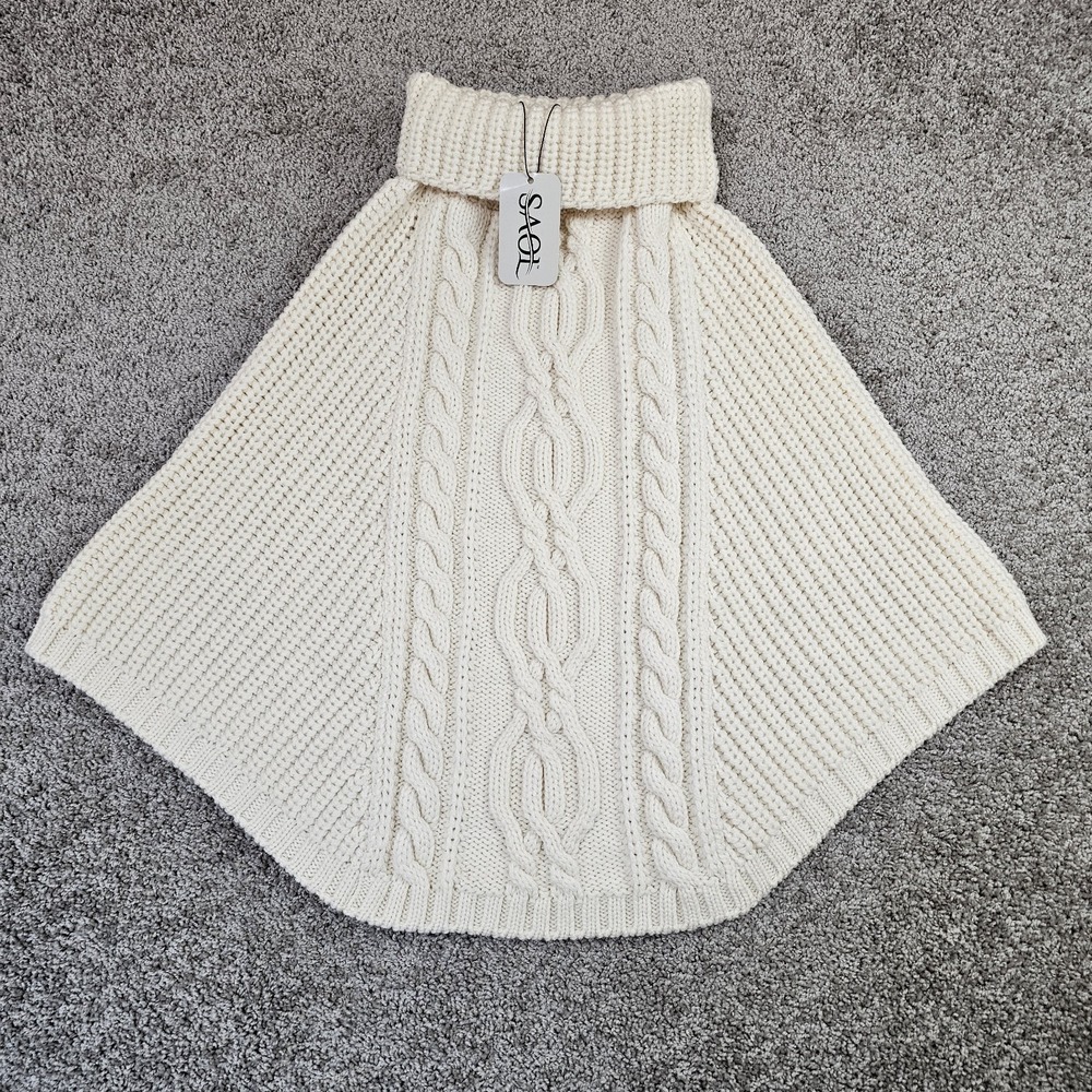 SAOL Cable Knit Poncho Sweater Women's 100% Merino Wool Aran Cape Ireland Ivory